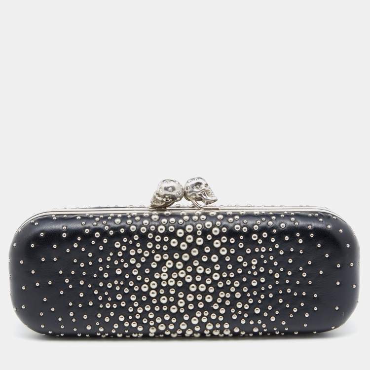 Pre Owned Alexander McQueen Black Studded Leather Kiss Lock Skull Clutch 