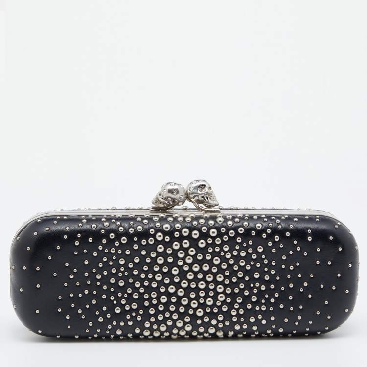 Pre Owned Alexander McQueen Black Studded Leather Kiss Lock Skull Clutch 