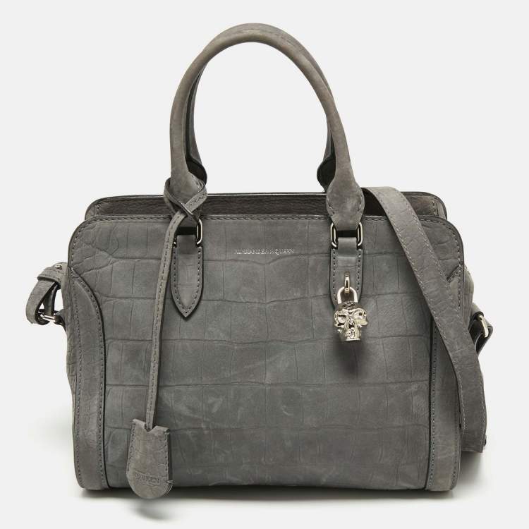 Pre Owned Alexander McQueen Grey Nubuck Leather Skull Padlock Tote