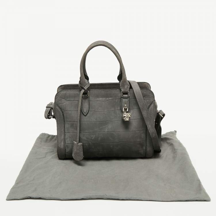 Pre Owned Alexander McQueen Grey Nubuck Leather Skull Padlock Tote