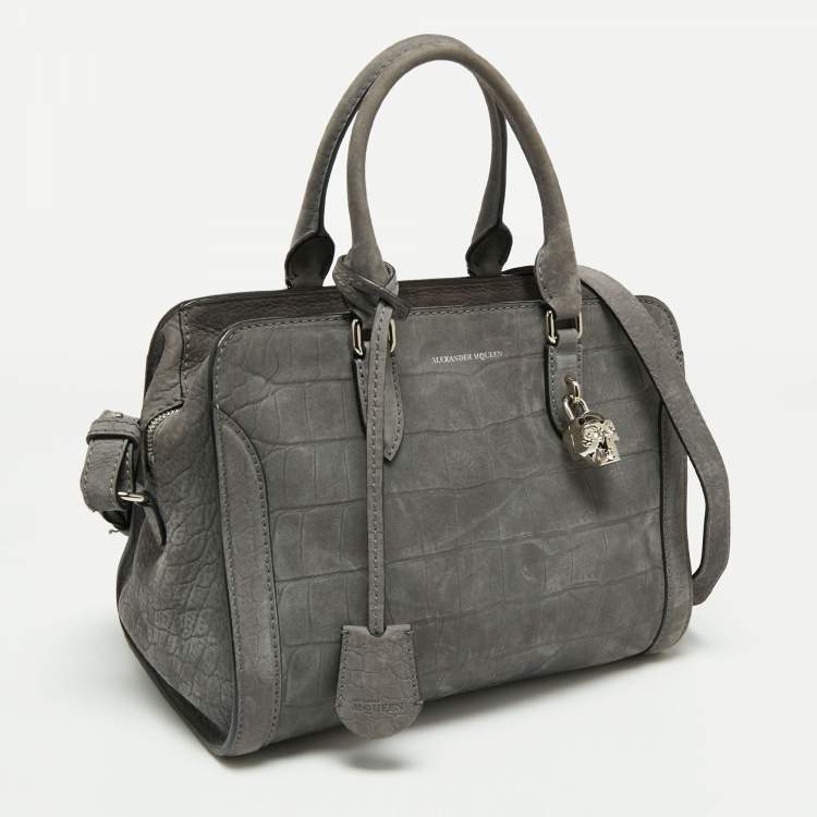 Pre Owned Alexander McQueen Grey Nubuck Leather Skull Padlock Tote