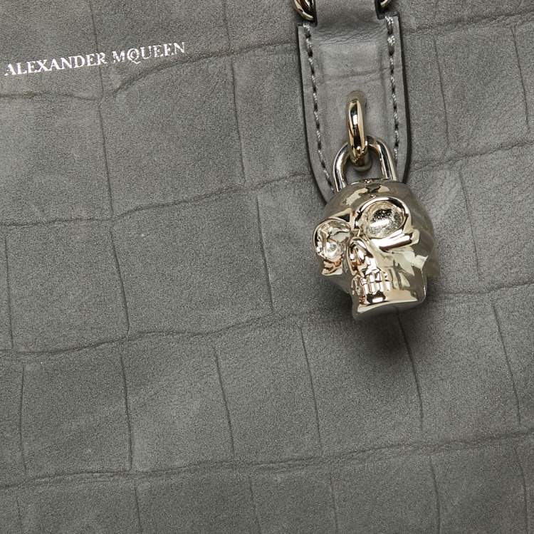 Pre Owned Alexander McQueen Grey Nubuck Leather Skull Padlock Tote