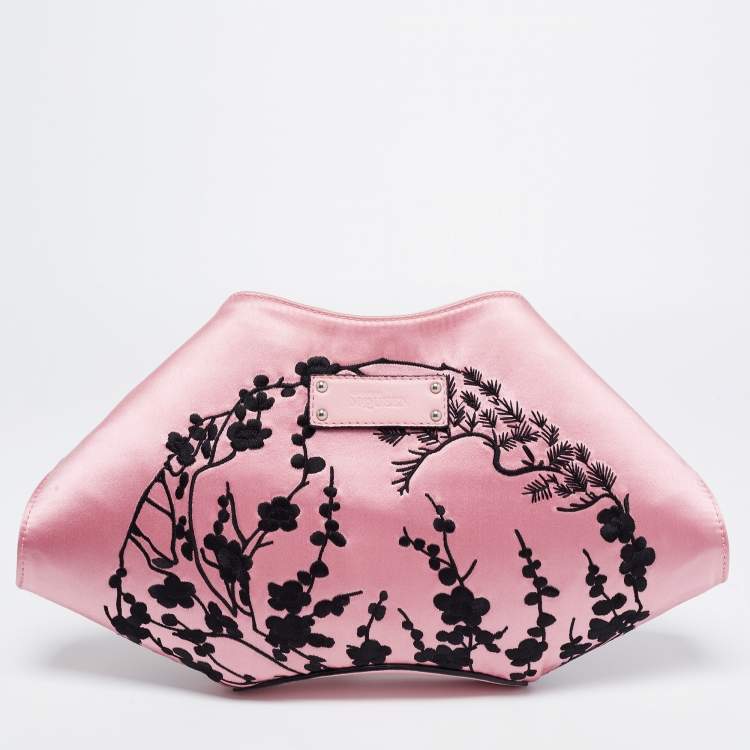 Pre Owned Alexander McQueen Pink Embroidered Satin And Leather Small De Manta Clutch