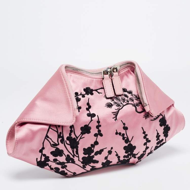 Pre Owned Alexander McQueen Pink Embroidered Satin And Leather Small De Manta Clutch