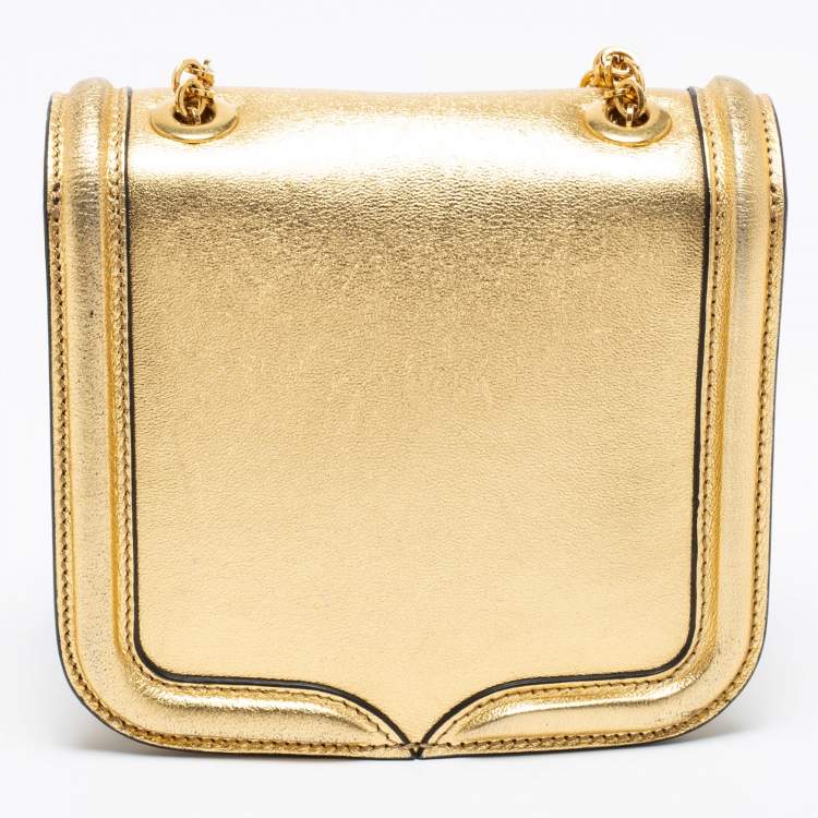 Pre Owned Alexander McQueen Metallic Gold Leather Mini Heroine Chain Crossbody Bag