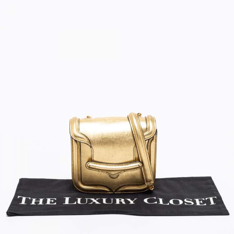 Pre Owned Alexander McQueen Metallic Gold Leather Mini Heroine Chain Crossbody Bag
