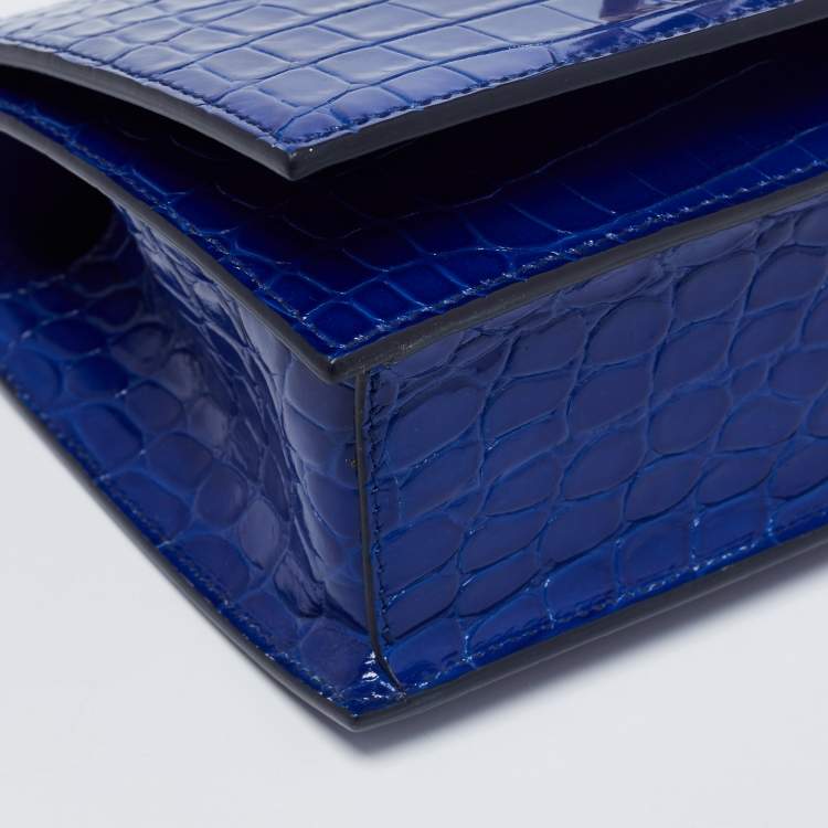 Pre Owned Alexander McQueen Blue Croc Embossed Leather Jewelled Shoulder Bag