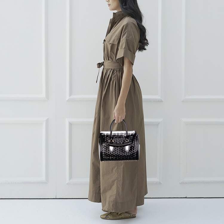 Pre Owned Alexander McQueen Black Honeycomb Cut Out Patent Leather Small Heroine Satchel