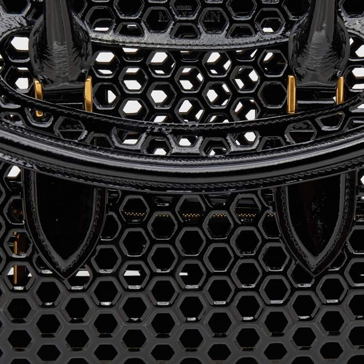 Pre Owned Alexander McQueen Black Honeycomb Cut Out Patent Leather Small Heroine Satchel