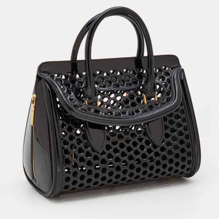 Pre Owned Alexander McQueen Black Honeycomb Cut Out Patent Leather Small Heroine Satchel