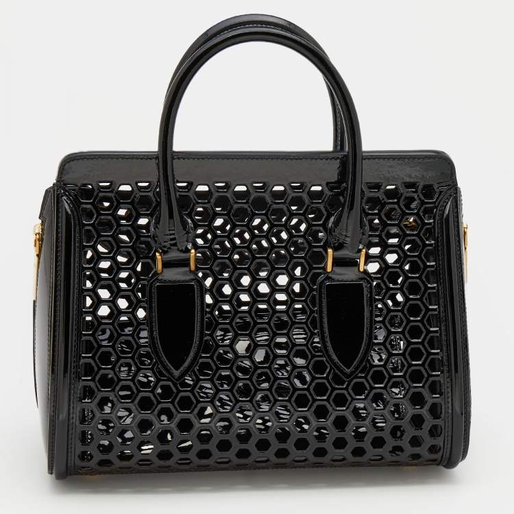 Pre Owned Alexander McQueen Black Honeycomb Cut Out Patent Leather Small Heroine Satchel