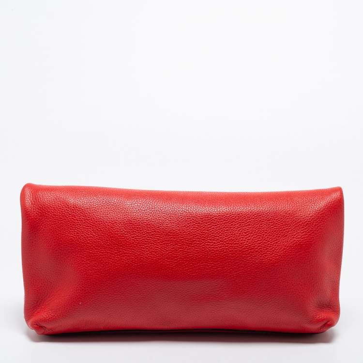 Pre Owned Alexander McQueen Red Skull Padlock Leather Studded Foldover Clutch