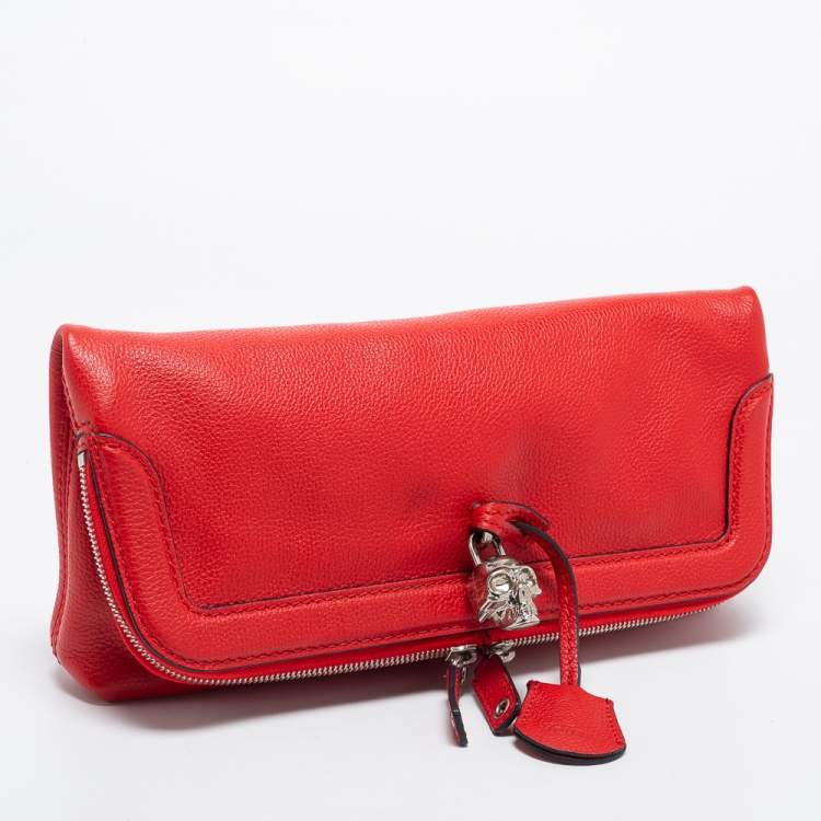 Pre Owned Alexander McQueen Red Skull Padlock Leather Studded Foldover Clutch