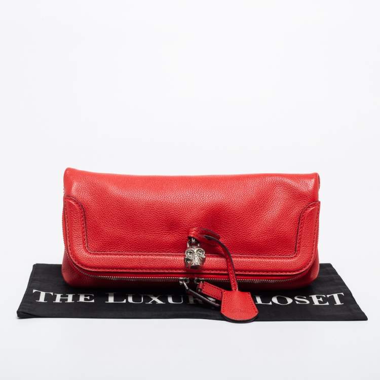 Pre Owned Alexander McQueen Red Skull Padlock Leather Studded Foldover Clutch