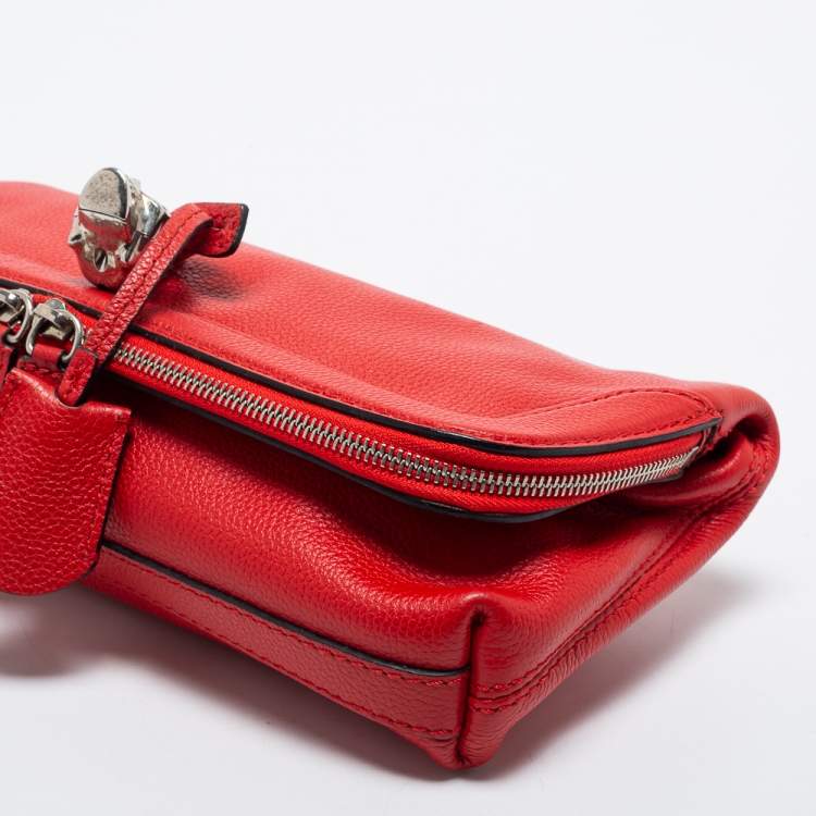 Pre Owned Alexander McQueen Red Skull Padlock Leather Studded Foldover Clutch