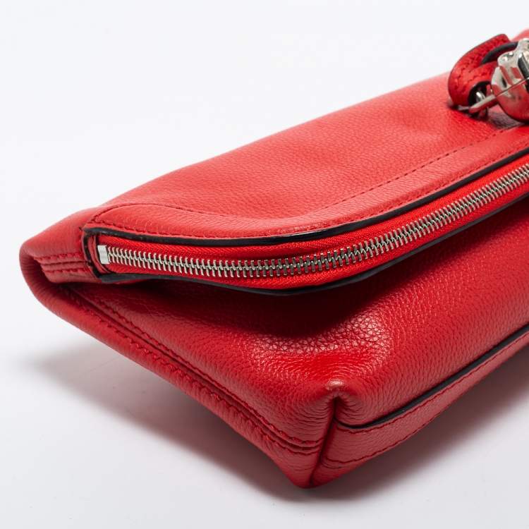 Pre Owned Alexander McQueen Red Skull Padlock Leather Studded Foldover Clutch
