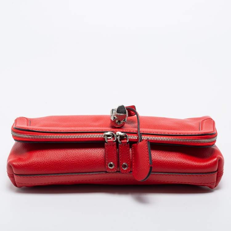 Pre Owned Alexander McQueen Red Skull Padlock Leather Studded Foldover Clutch