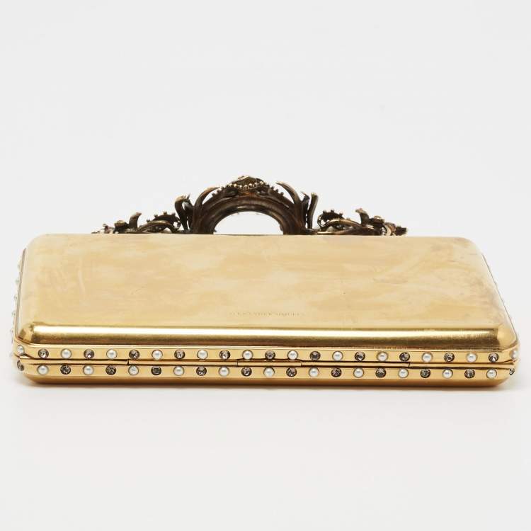 Pre Owned Alexander McQueen Gold Metal Small Jewelled Clutch