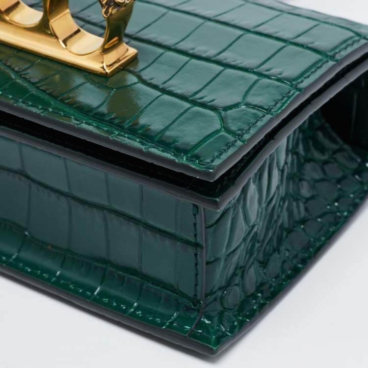 Pre Owned Alexander McQueen Green Croc Embossed Leather Skull Ring Shoulder Bag