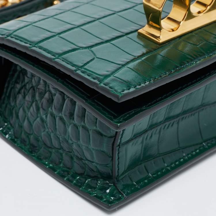 Pre Owned Alexander McQueen Green Croc Embossed Leather Skull Ring Shoulder Bag