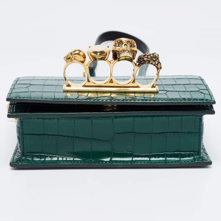 Pre Owned Alexander McQueen Green Croc Embossed Leather Skull Ring Shoulder Bag