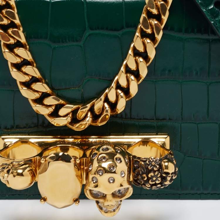 Pre Owned Alexander McQueen Green Croc Embossed Leather Skull Ring Shoulder Bag