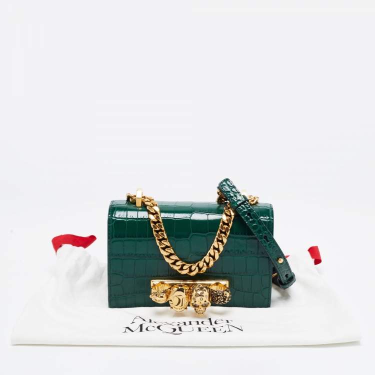 Pre Owned Alexander McQueen Green Croc Embossed Leather Skull Ring Shoulder Bag