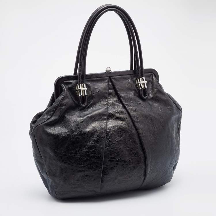 Pre Owned Alexander McQueen Metallic Black Leather Frame Satchel