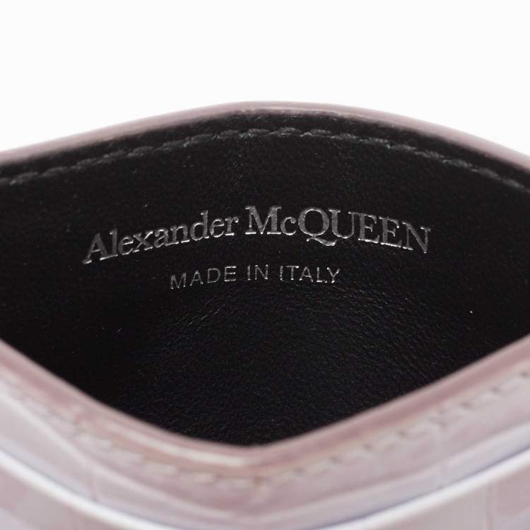 Pre Owned Alexander McQueen Lilac Crocodile Embossed Leather Skull Card Holder