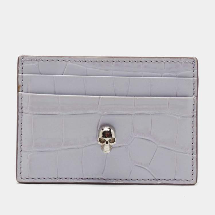 Pre Owned Alexander McQueen Lilac Crocodile Embossed Leather Skull Card Holder