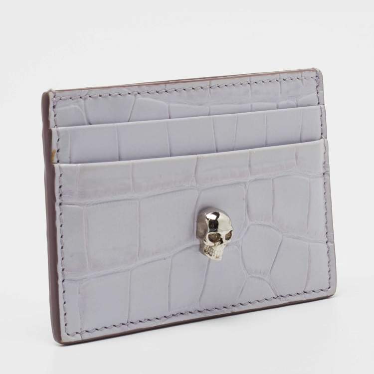 Pre Owned Alexander McQueen Lilac Crocodile Embossed Leather Skull Card Holder