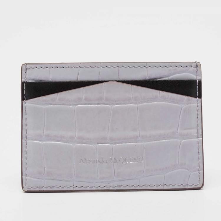 Pre Owned Alexander McQueen Lilac Crocodile Embossed Leather Skull Card Holder