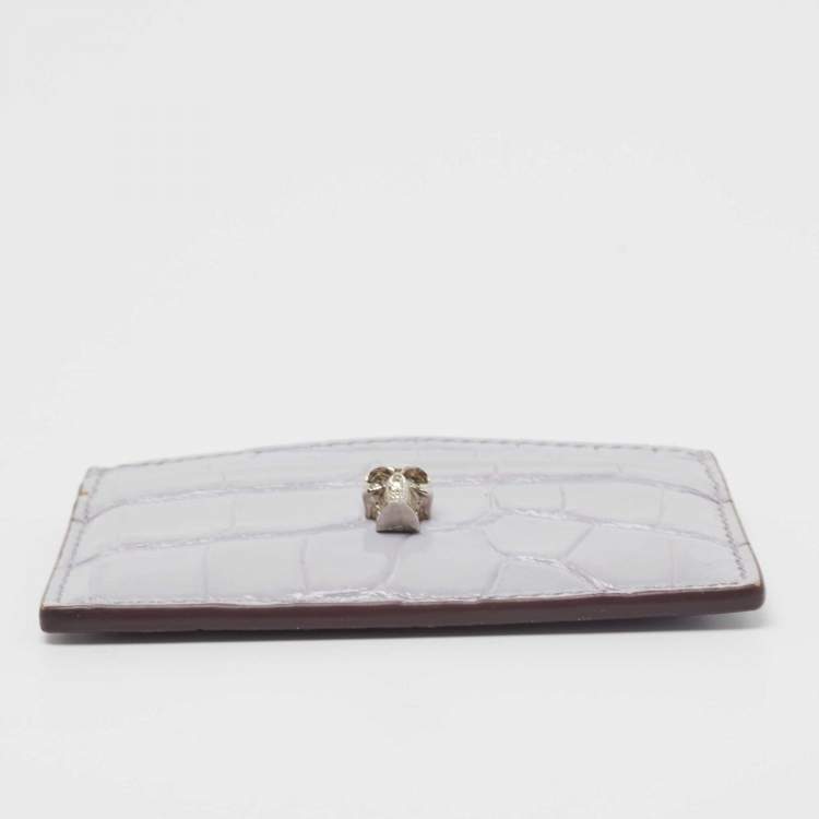 Pre Owned Alexander McQueen Lilac Crocodile Embossed Leather Skull Card Holder