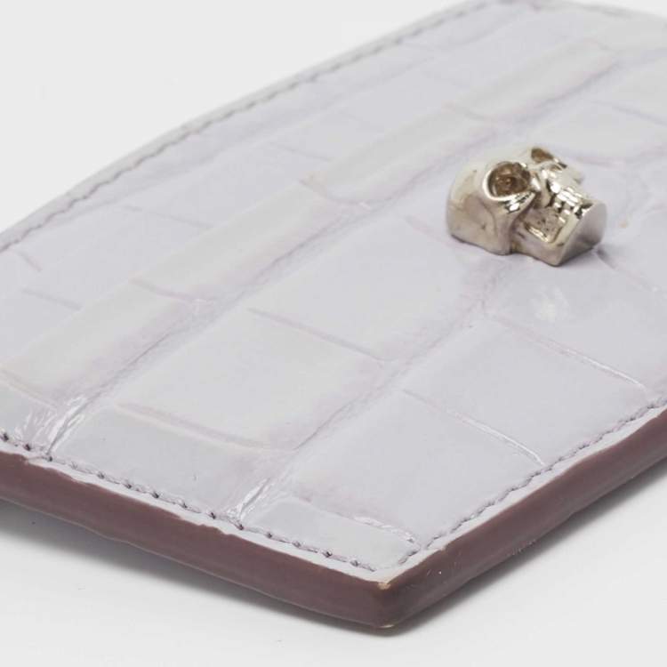 Pre Owned Alexander McQueen Lilac Crocodile Embossed Leather Skull Card Holder
