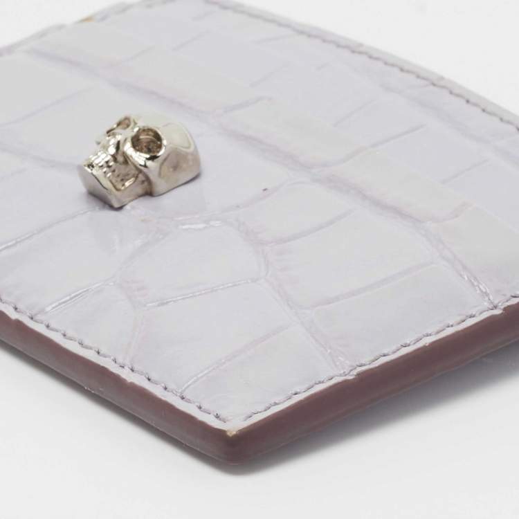 Pre Owned Alexander McQueen Lilac Crocodile Embossed Leather Skull Card Holder