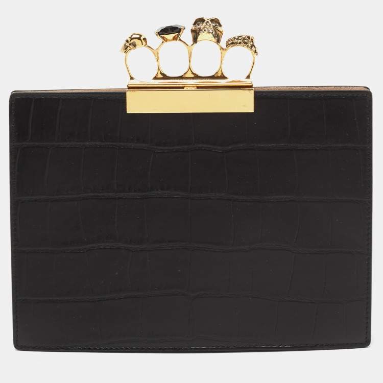 Pre Owned Alexander McQueen Black Embossed Croc Leather Skull Knuckle Duster Clutch
