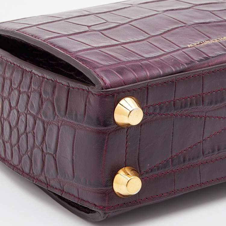 Pre Owned Alexander McQueen Burgundy Croc Embossed Leather Box 16 Shoulder Bag