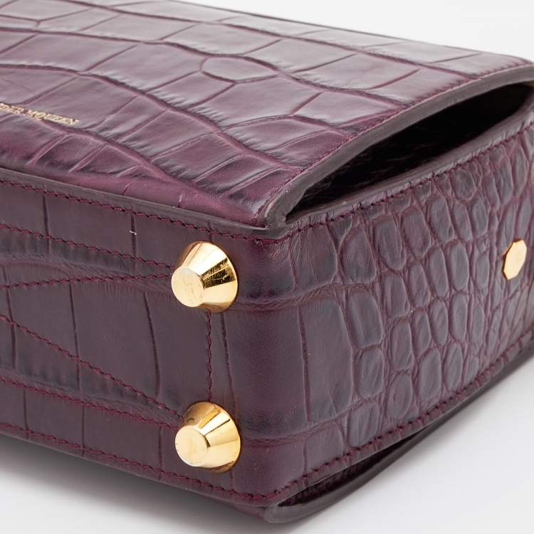 Pre Owned Alexander McQueen Burgundy Croc Embossed Leather Box 16 Shoulder Bag
