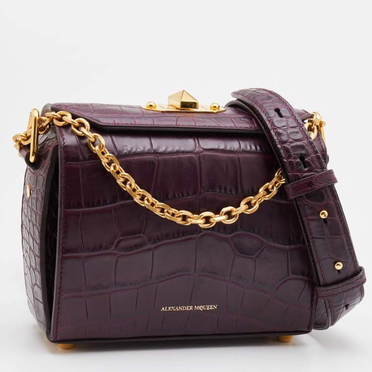 Pre Owned Alexander McQueen Burgundy Croc Embossed Leather Box 16 Shoulder Bag