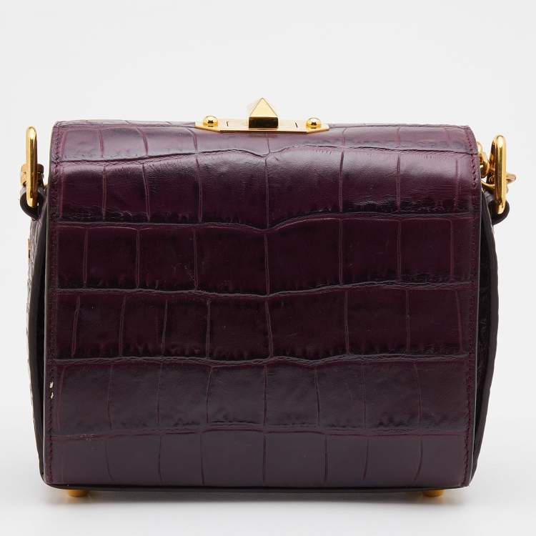 Pre Owned Alexander McQueen Burgundy Croc Embossed Leather Box 16 Shoulder Bag
