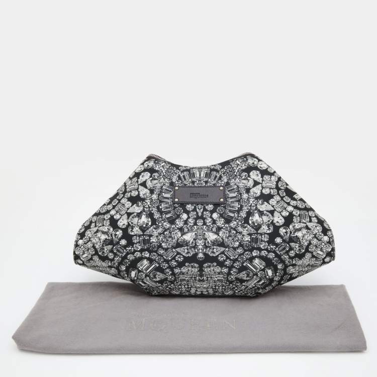 Pre Owned Alexander McQueen Black Satin and Leather Jewel Printed Large De Manta Clutch