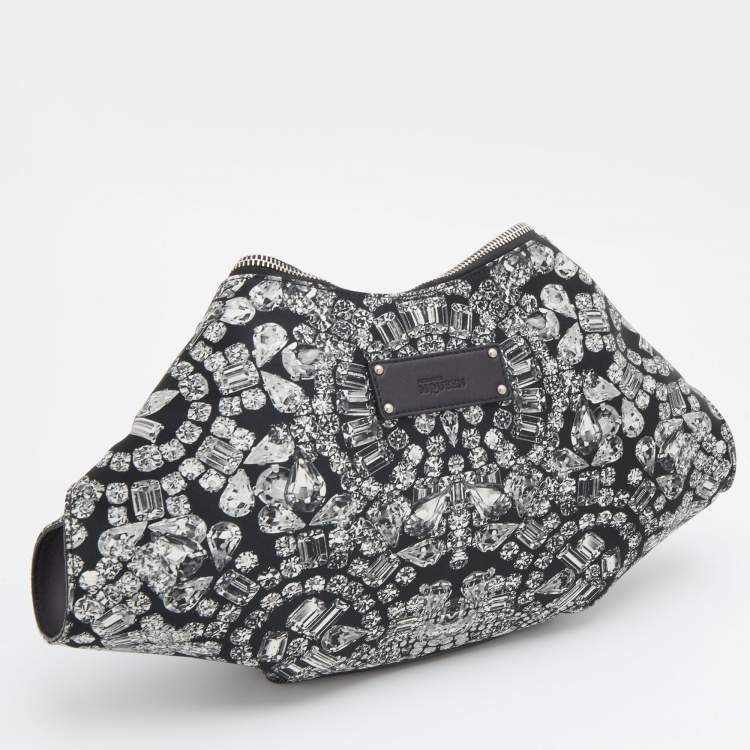 Pre Owned Alexander McQueen Black Satin and Leather Jewel Printed Large De Manta Clutch