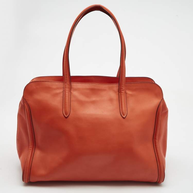 Pre Owned Alexander Mcqueen Orange Leather Large Skull Padlock Tote