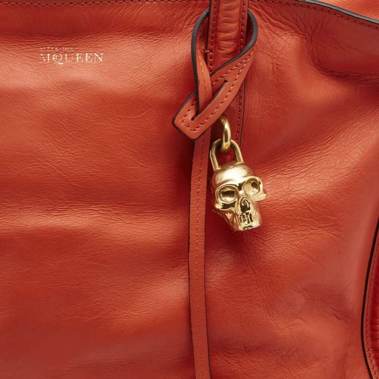 Pre Owned Alexander Mcqueen Orange Leather Large Skull Padlock Tote
