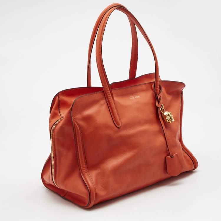 Pre Owned Alexander Mcqueen Orange Leather Large Skull Padlock Tote