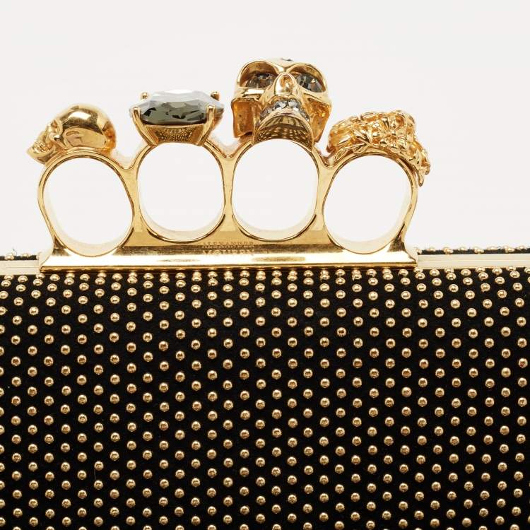 Pre Owned Alexander McQueen Black Suede Studded Skull Knuckle Box Clutch