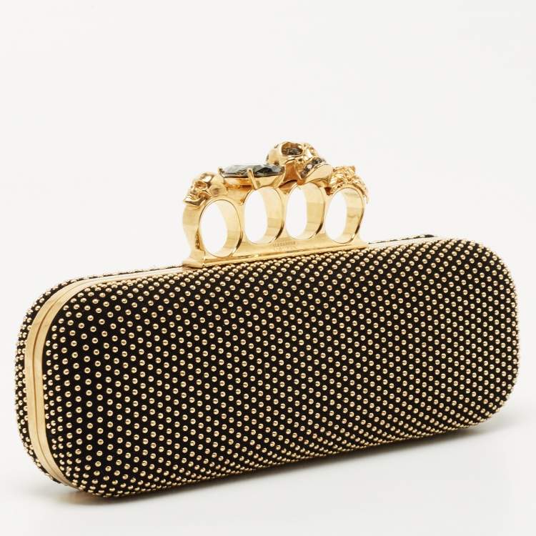 Pre Owned Alexander McQueen Black Suede Studded Skull Knuckle Box Clutch