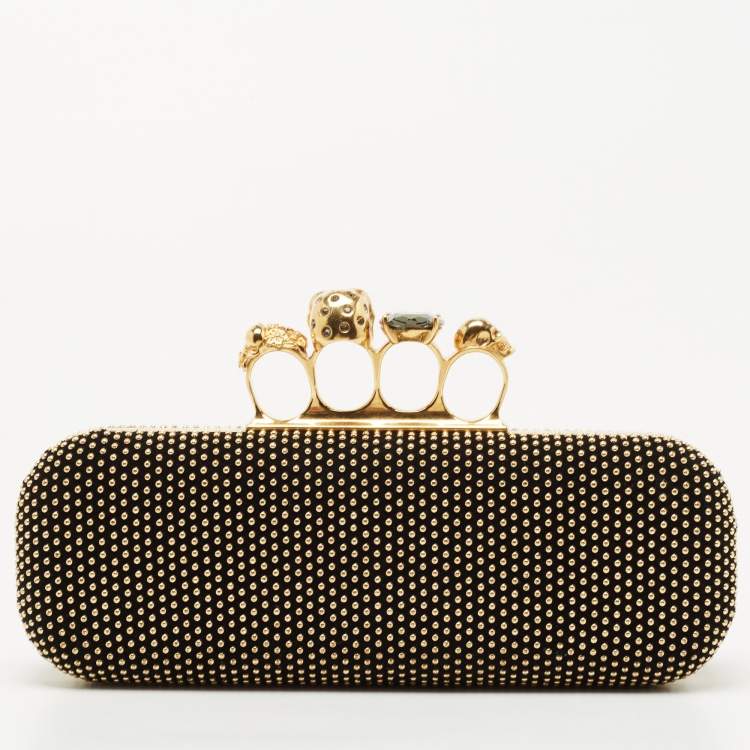 Pre Owned Alexander McQueen Black Suede Studded Skull Knuckle Box Clutch