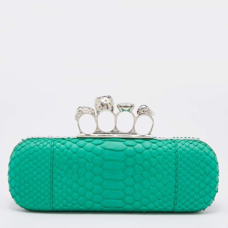 Pre Owned Alexander McQueen Green Python Skull Knuckle Box Clutch