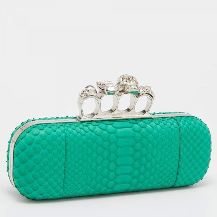 Pre Owned Alexander McQueen Green Python Skull Knuckle Box Clutch